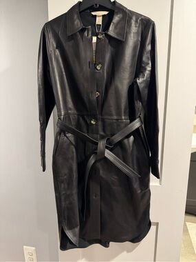 H&M Black Leather Button-Front Trench Dress Coat NWT